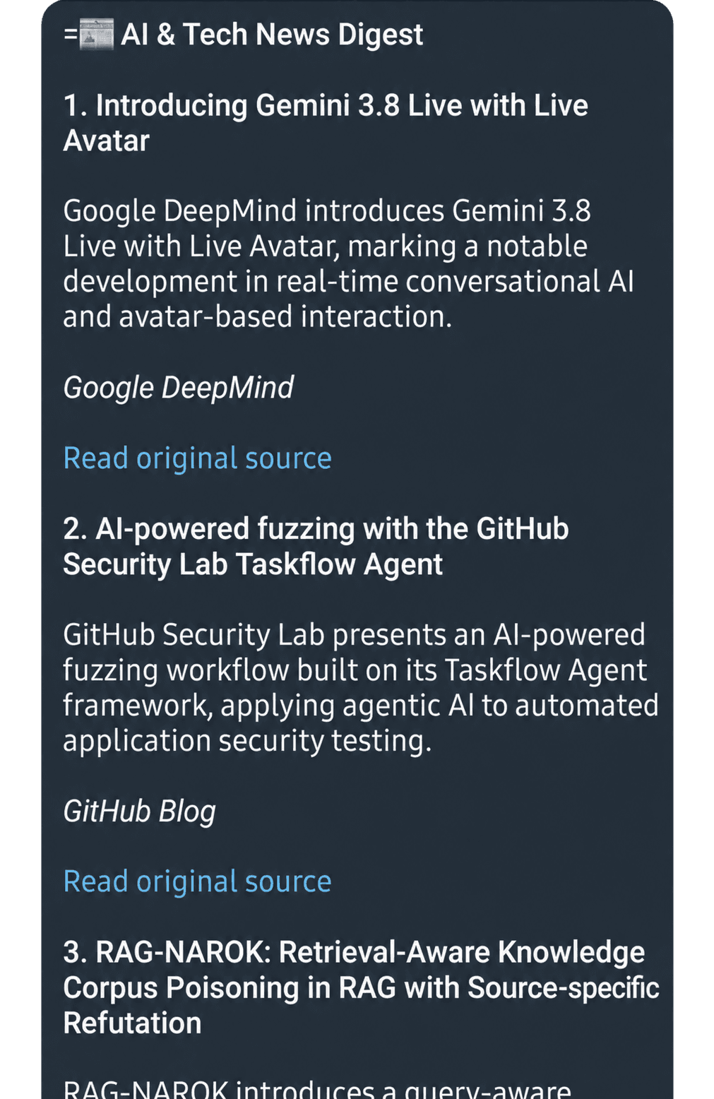 Example AI and Tech News Digest response with article summaries and links to the original sources